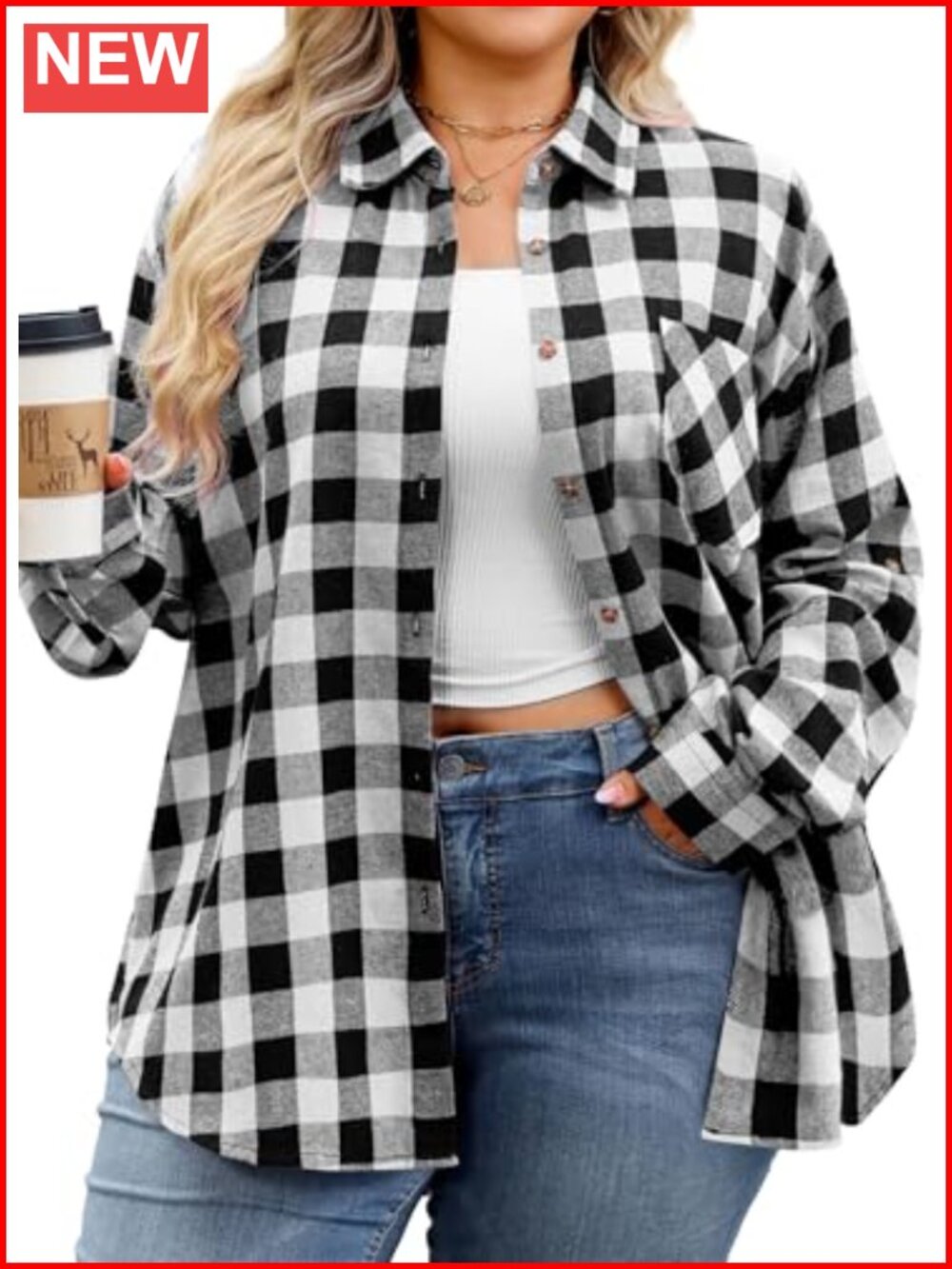 Womens Plus Size Flannel Plaid Shirt Cotton Button Down Long Sleeve Top